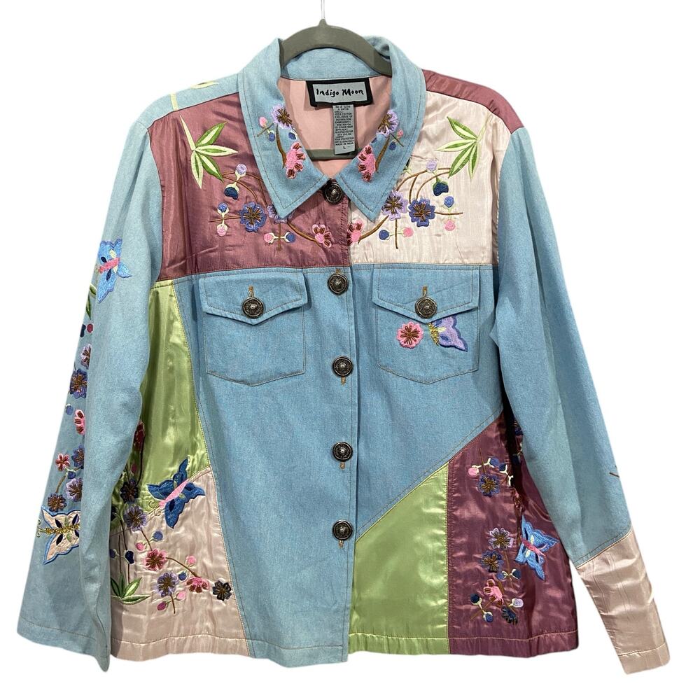 Indigo Moon Embroidered Patch Button Up Jacket Wo… - image 1